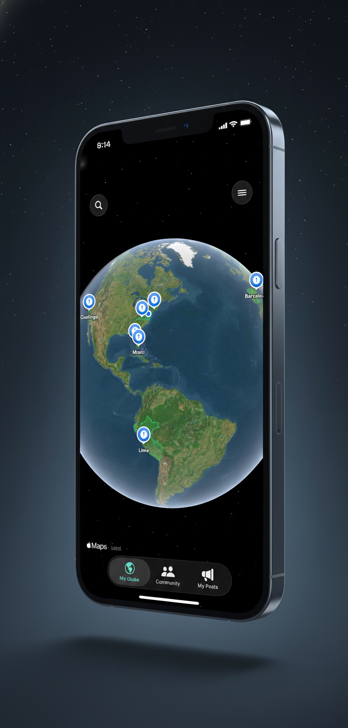iPhone showing Roamly 3D globe with pinned cities